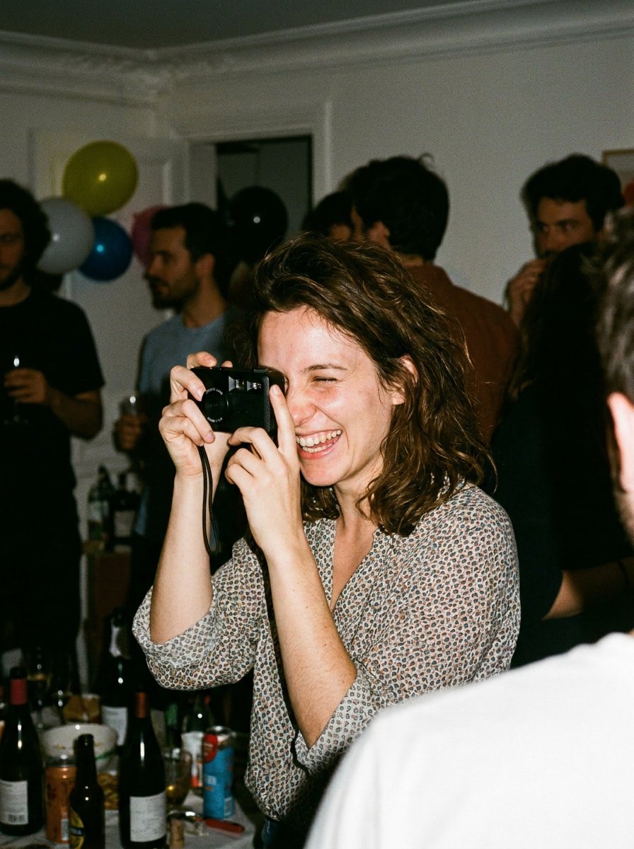 A woman raises the camera at a party