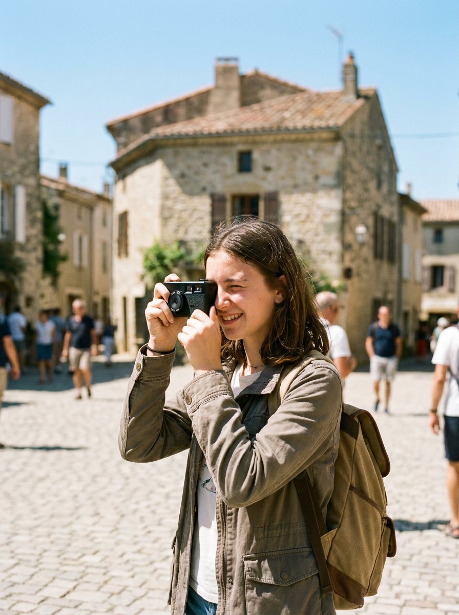A traveller holds the camera on a trip