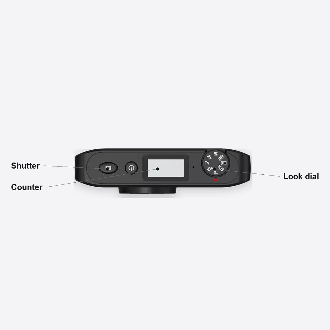 Top: the shutter, the counter and the look dial