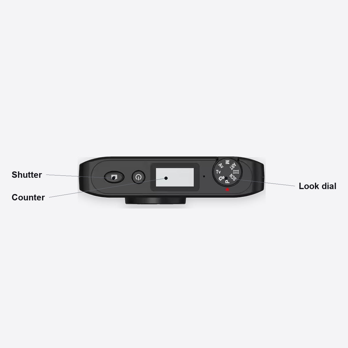 Top: the shutter, the counter and the look dial