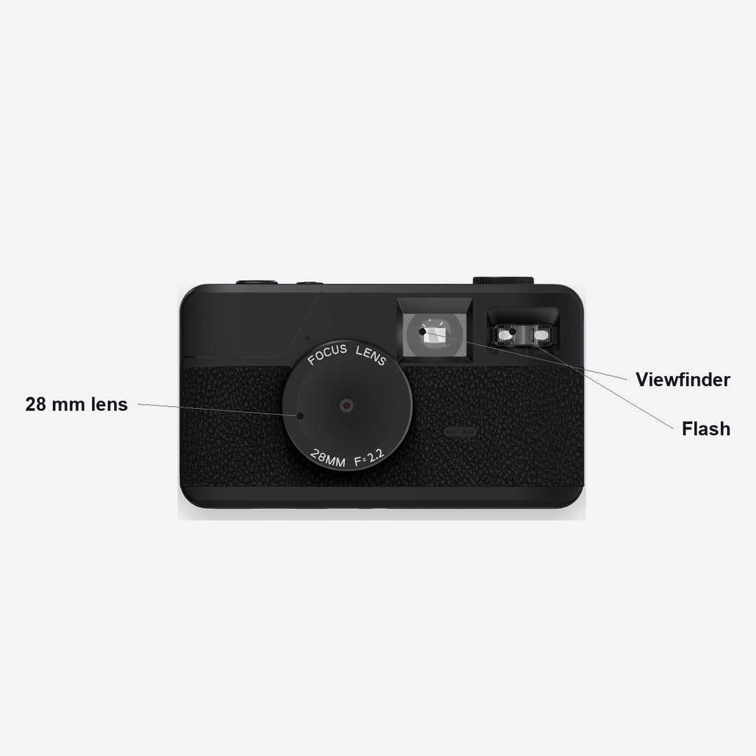 Front: 28 mm lens, viewfinder, flash