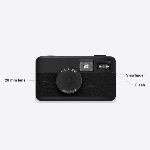 Front: 28 mm lens, viewfinder, flash
